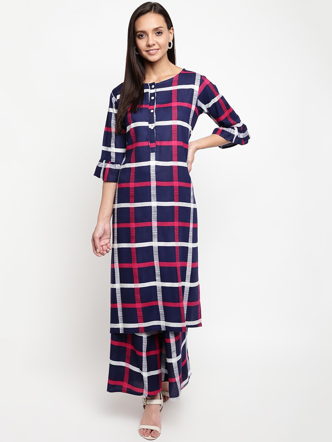 

Napra Women Blue & Red Checked Kurta with Trousers