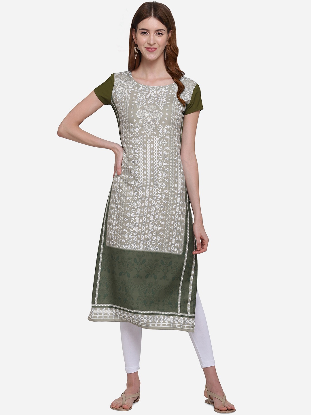 

Kvsfab Women Olive Green Woven Design Straight Kurta