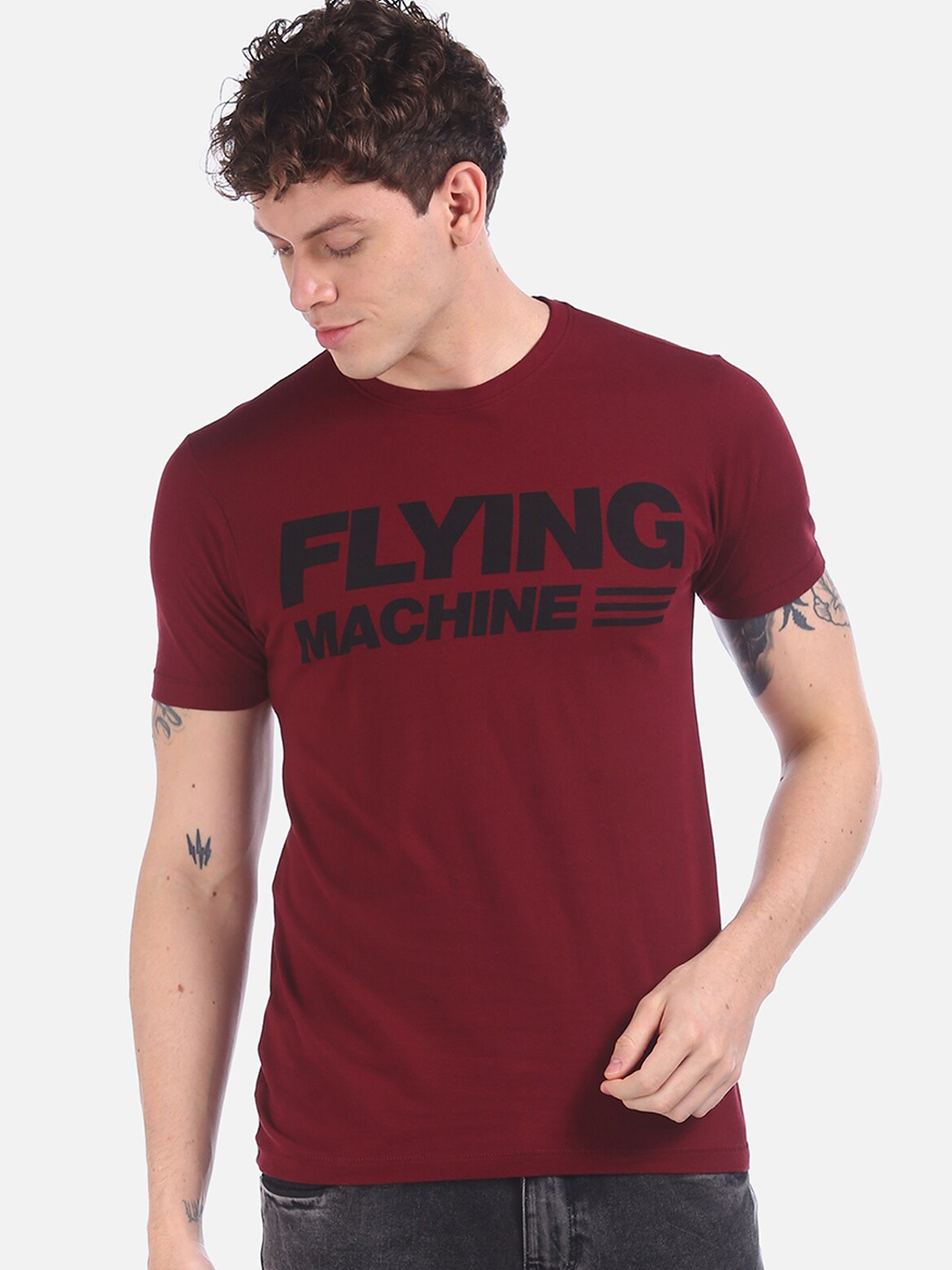 

Flying Machine Men Maroon & Black Brand Logo Print Round Neck T-shirt