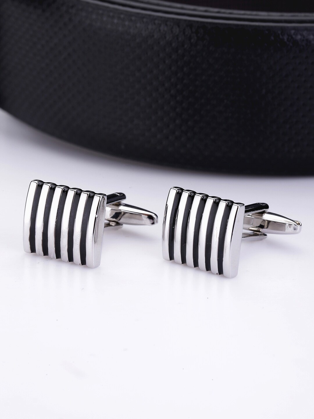 

Yellow Chimes Silver-Toned & Beige Rectangle Cufflinks