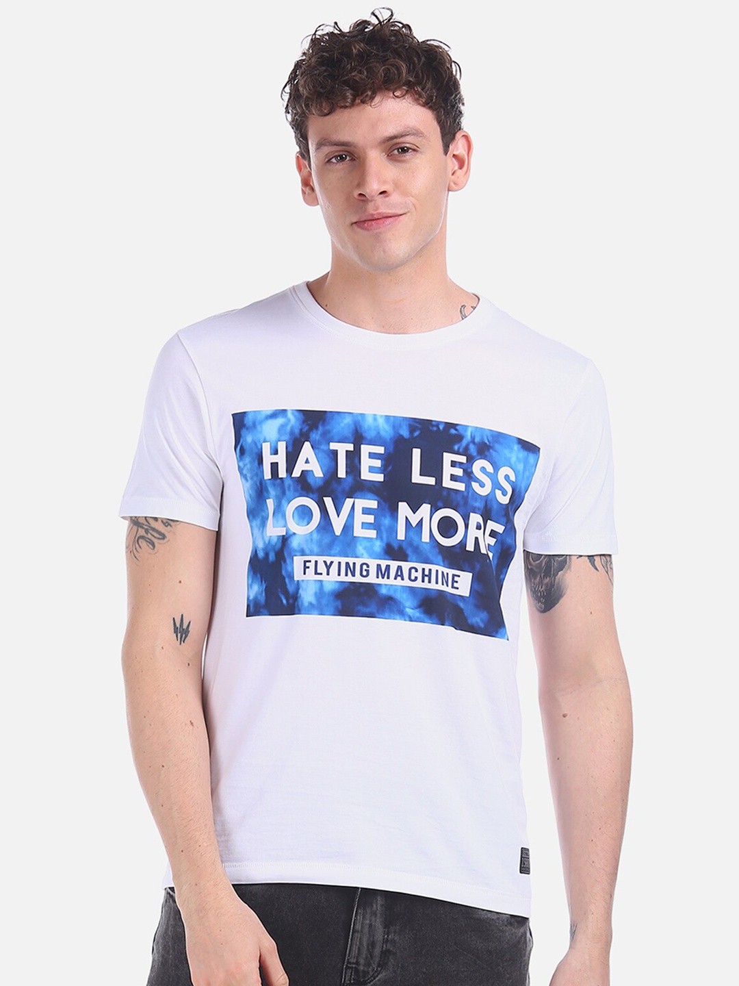 

Flying Machine Men White Blue Printed Round Neck Pure Cotton T-shirt