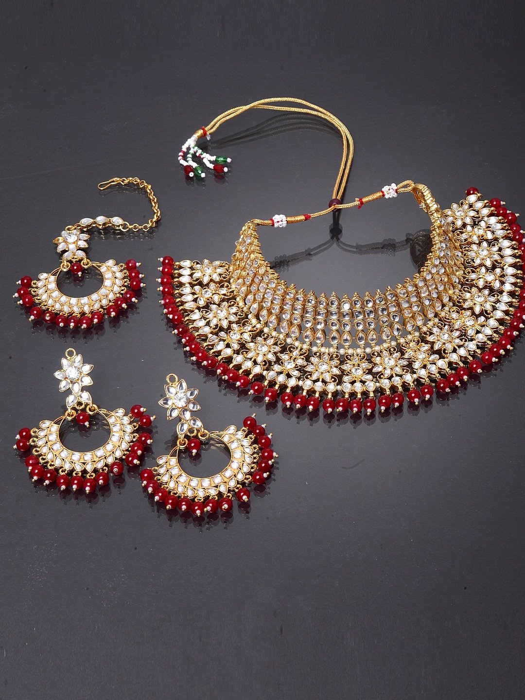 

Shining Diva Gold-Plated White & Red Kundan Studded Pearl Beaded Antique Jewellery Set