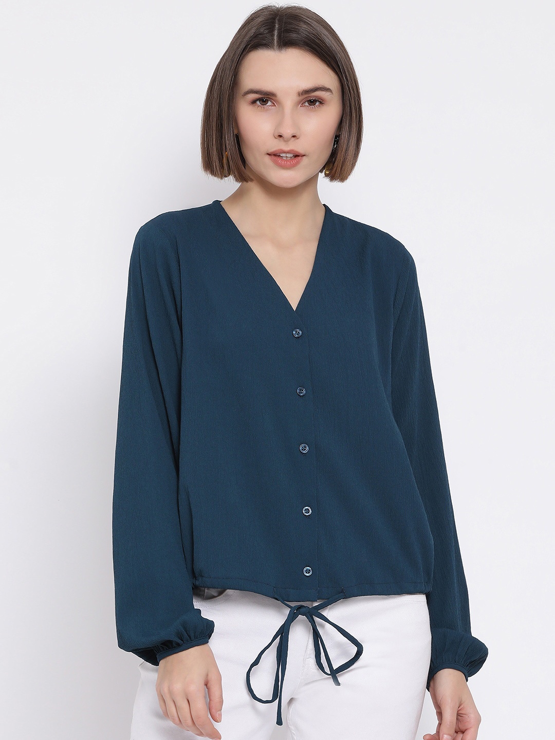 

Oxolloxo Women Teal Blue Solid Shirt Style Top