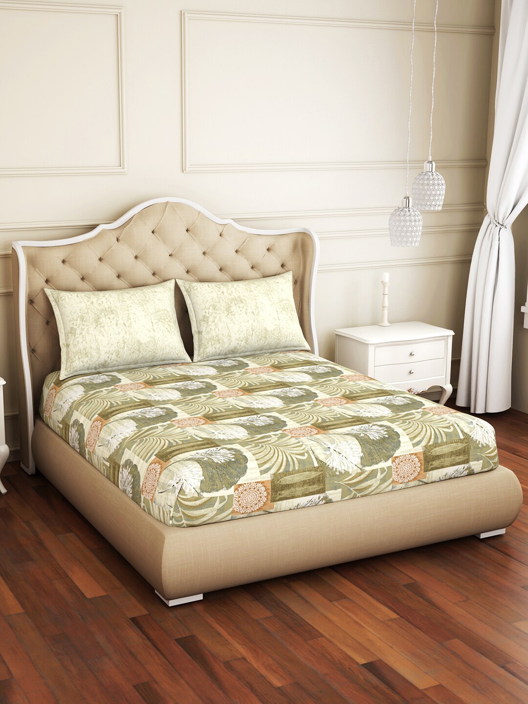 

SPACES Green Floral 144 TC Cotton 1 Queen Bedsheet with 2 Pillow Covers