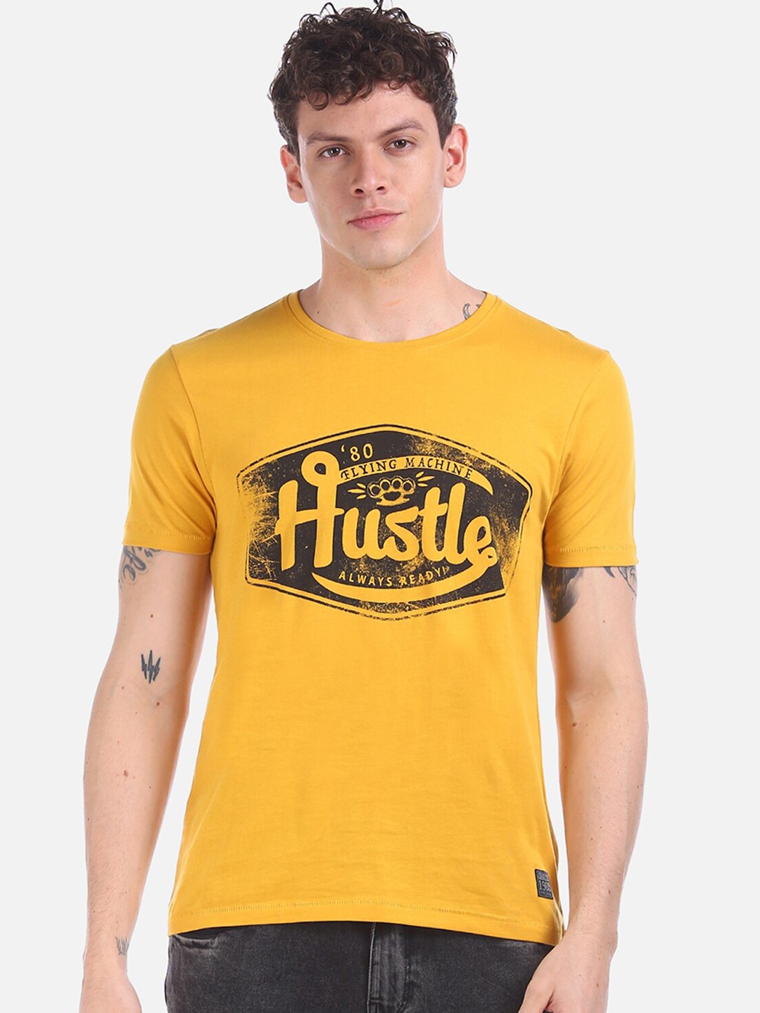 

Flying Machine Men Yellow Printed Round Neck Pure Cotton T-shirt