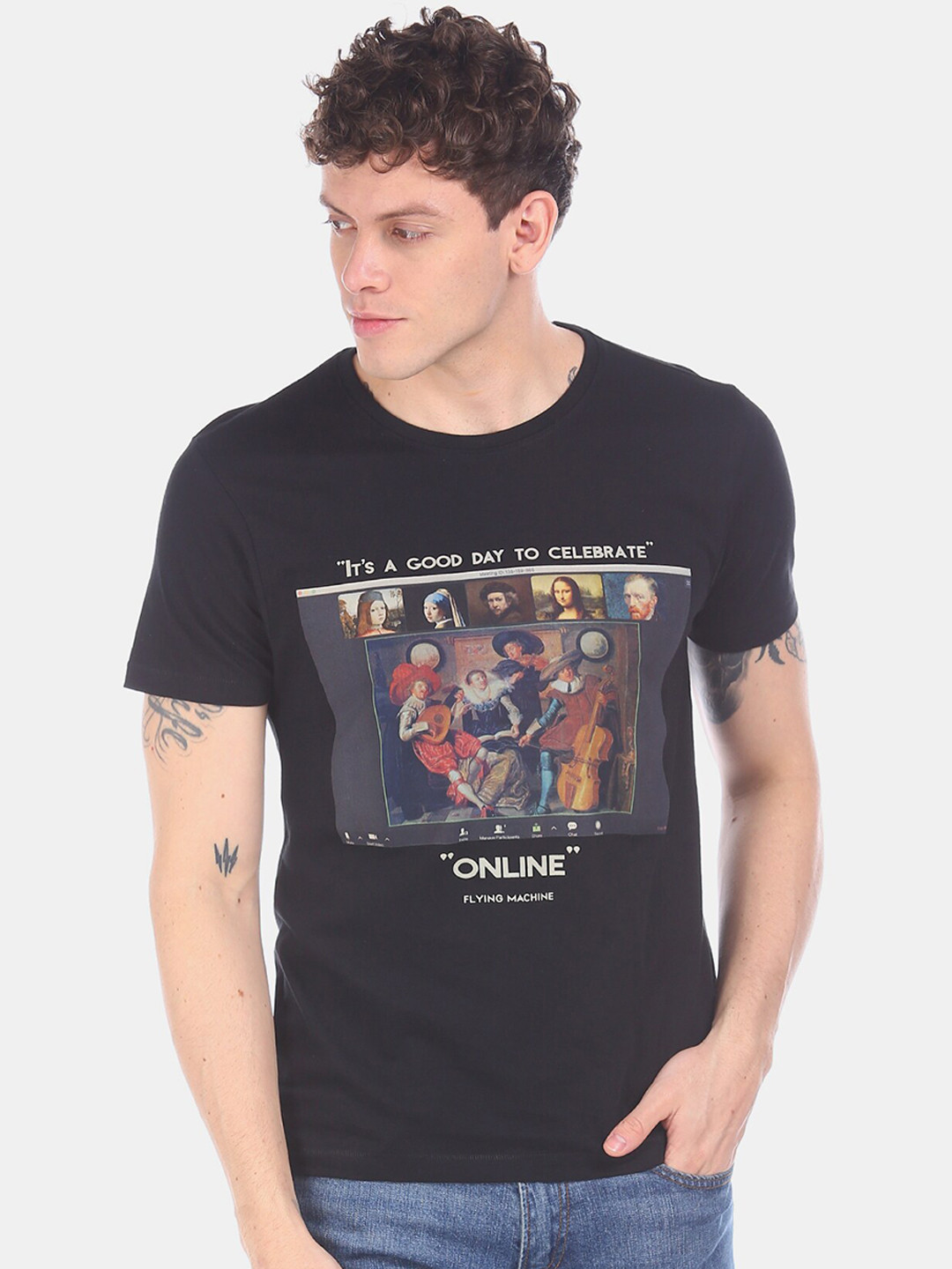 

Flying Machine Men Black Beige Printed Round Neck Pure Cotton T-shirt