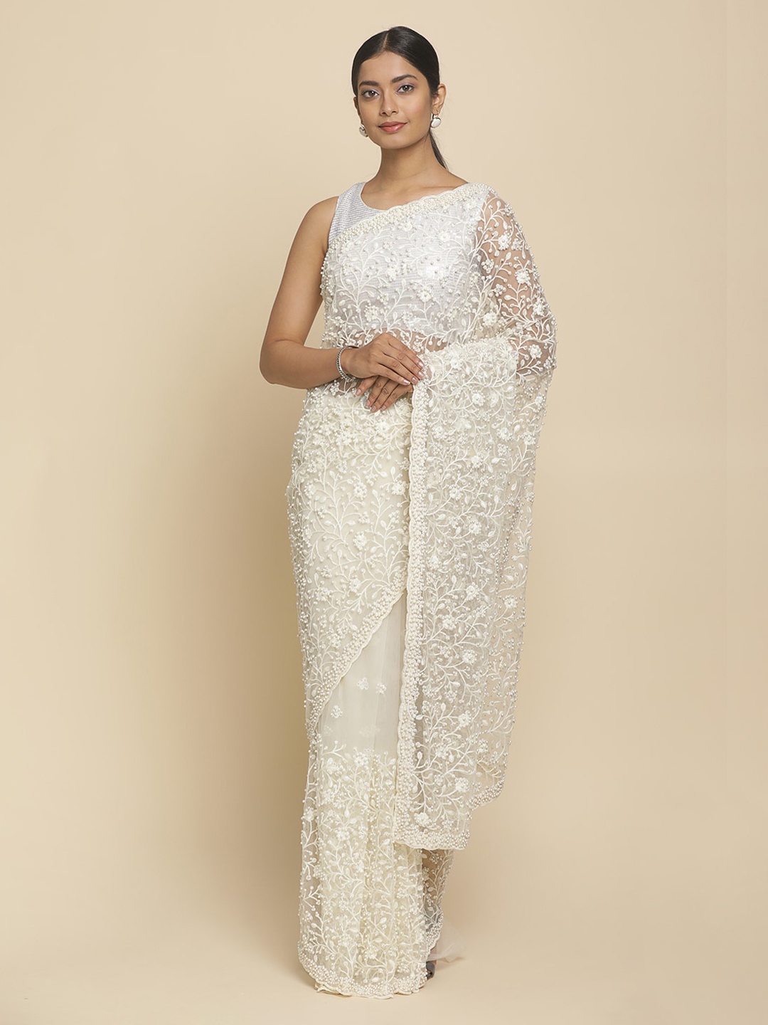 

Koskii Cream-Coloured Embellished Net Saree