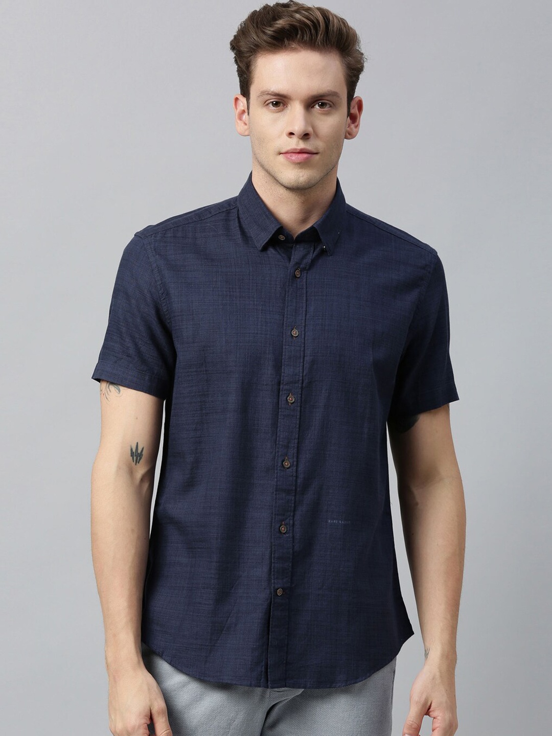 

RARE RABBIT Men Navy Blue Tailored Fit Solid Casual Shirt
