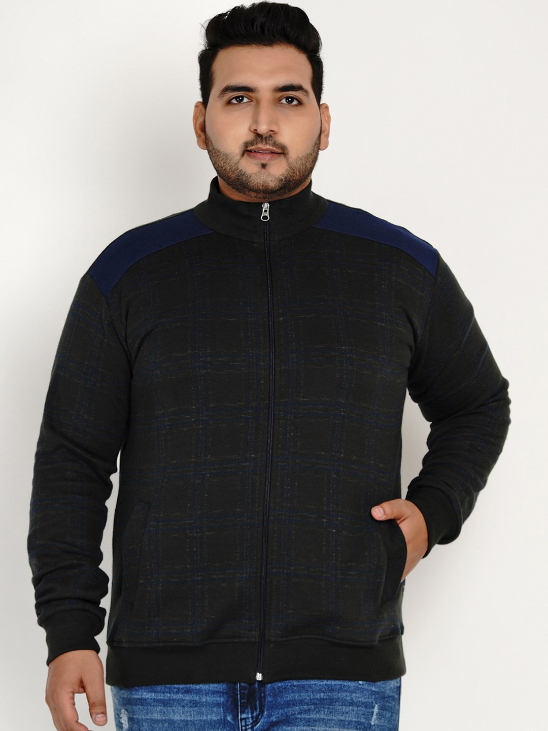 

John Pride Men Olive Brown & Blue Checked Plus Size Sweatshirt
