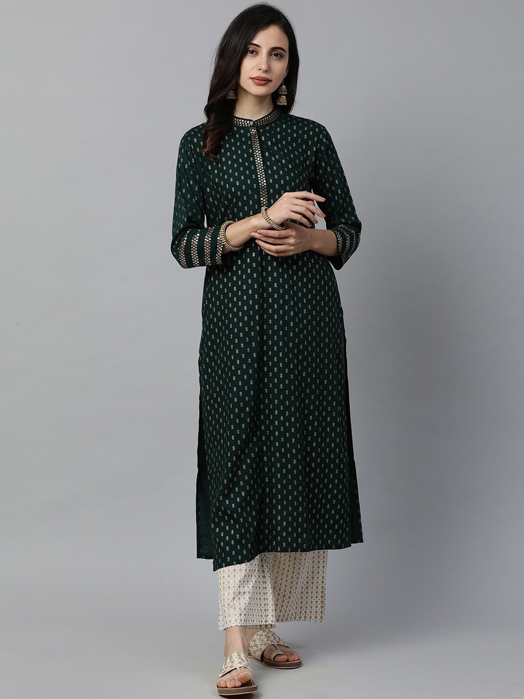 

Indo Era Women Green & Gold Printed Straight Kurta