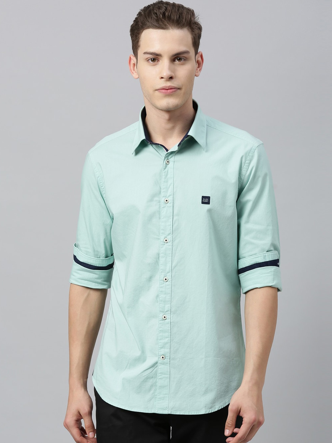 

RARE RABBIT Men Turquoise Blue Tailored Fit Solid Casual Shirt