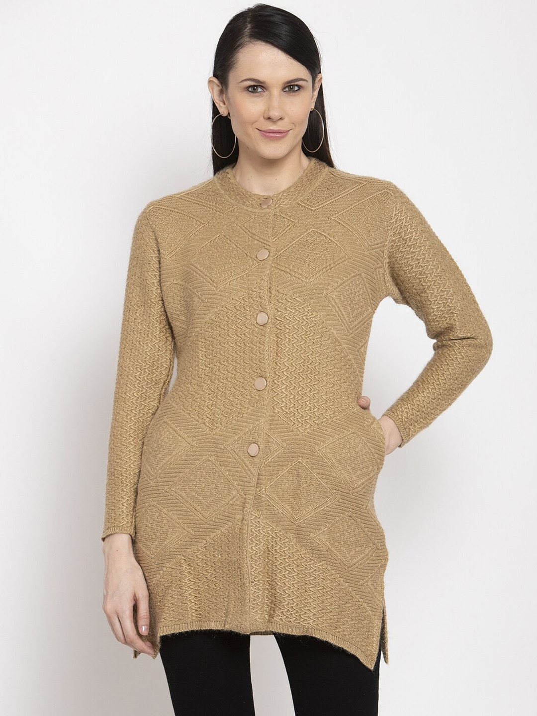 

VANYA Women Beige Self Design Front-Open Sweater