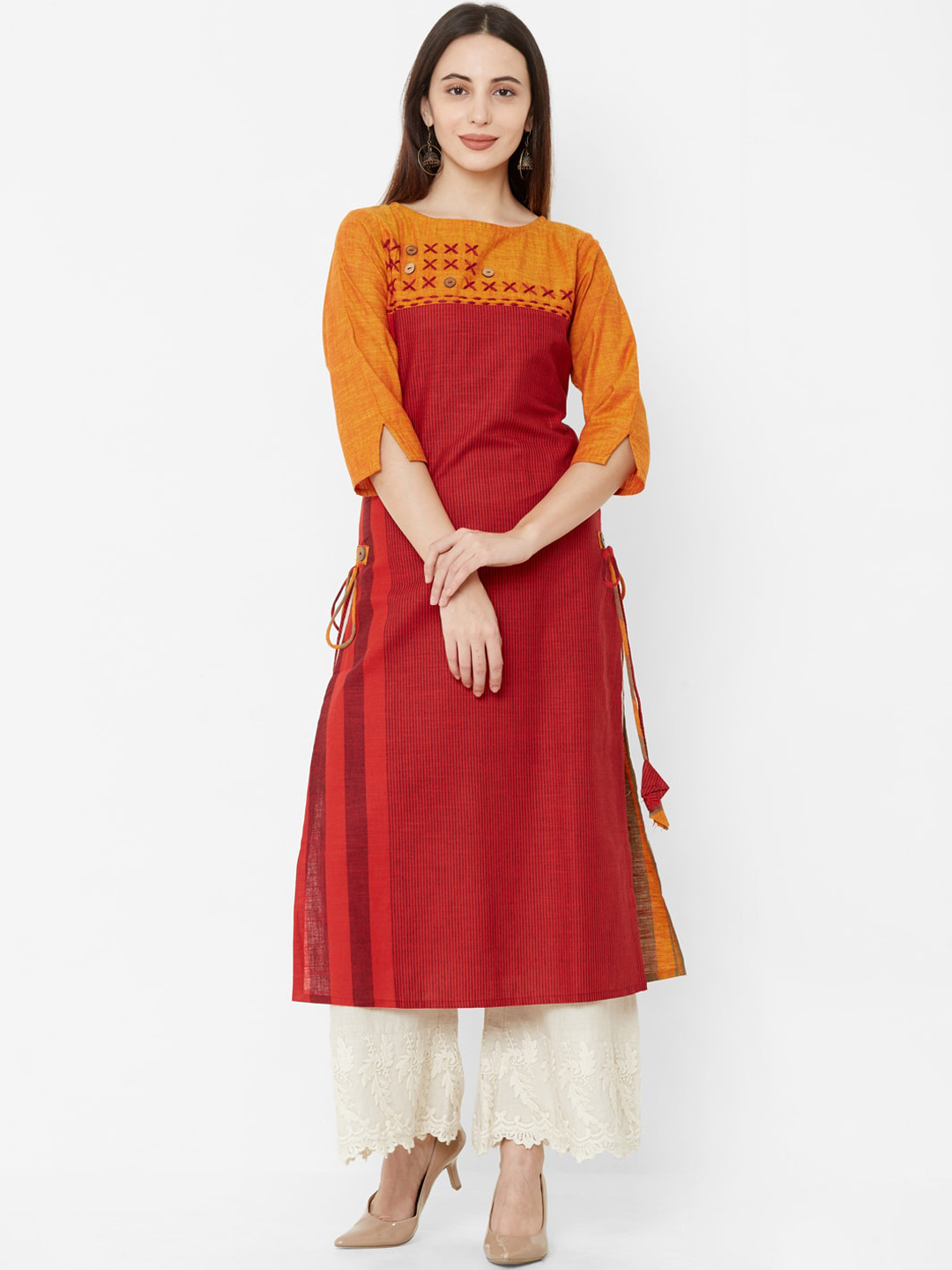

Os Women Red & Black Striped A-Line Kurta