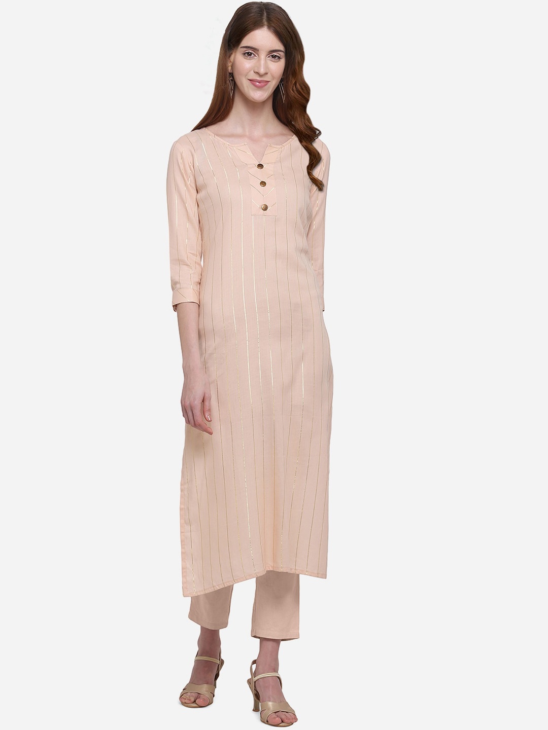

Kvsfab Women Peach-Coloured Striped Straight Kurta
