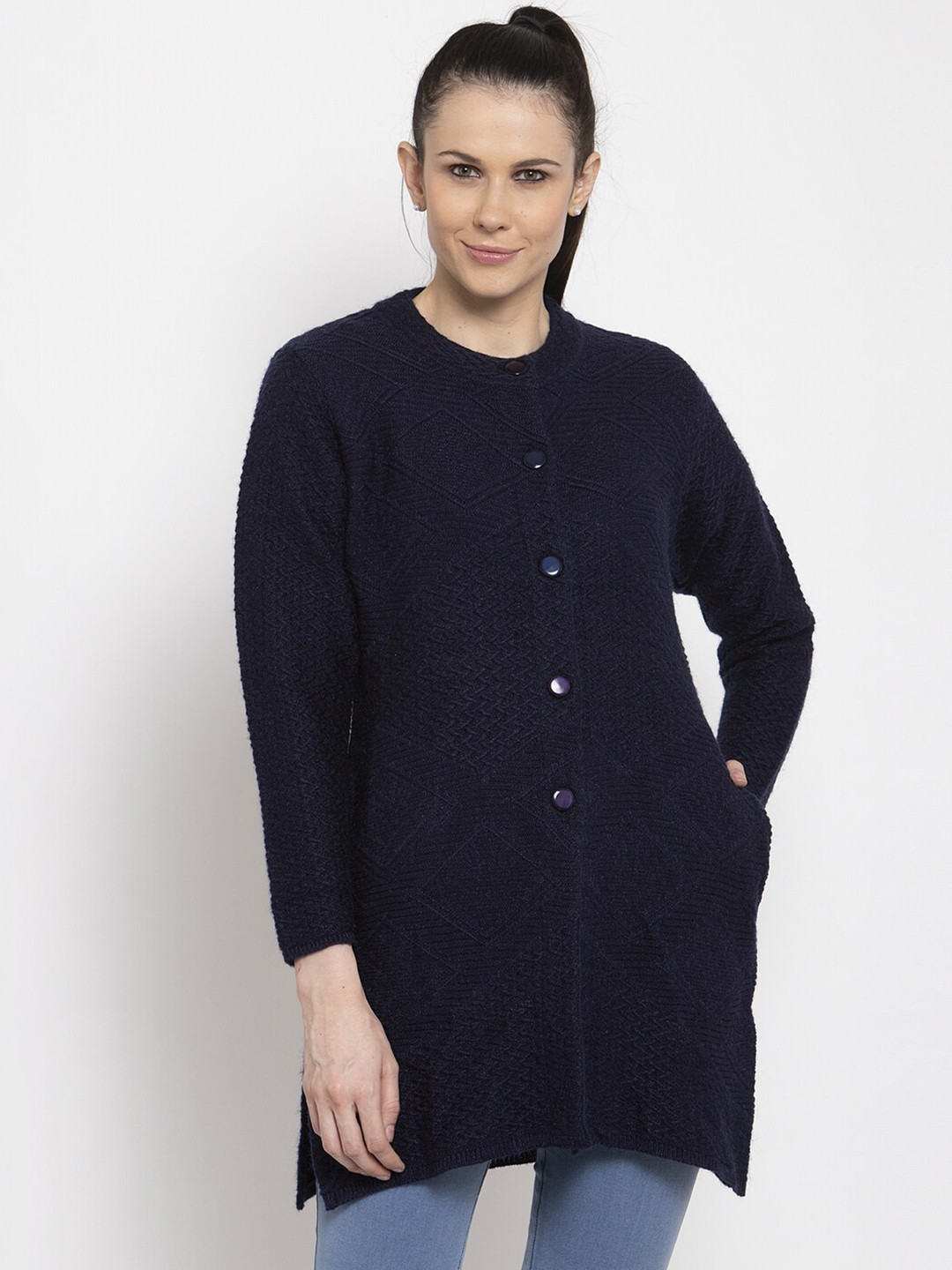 

VANYA Women Navy Blue Self Design Cardigan Sweater