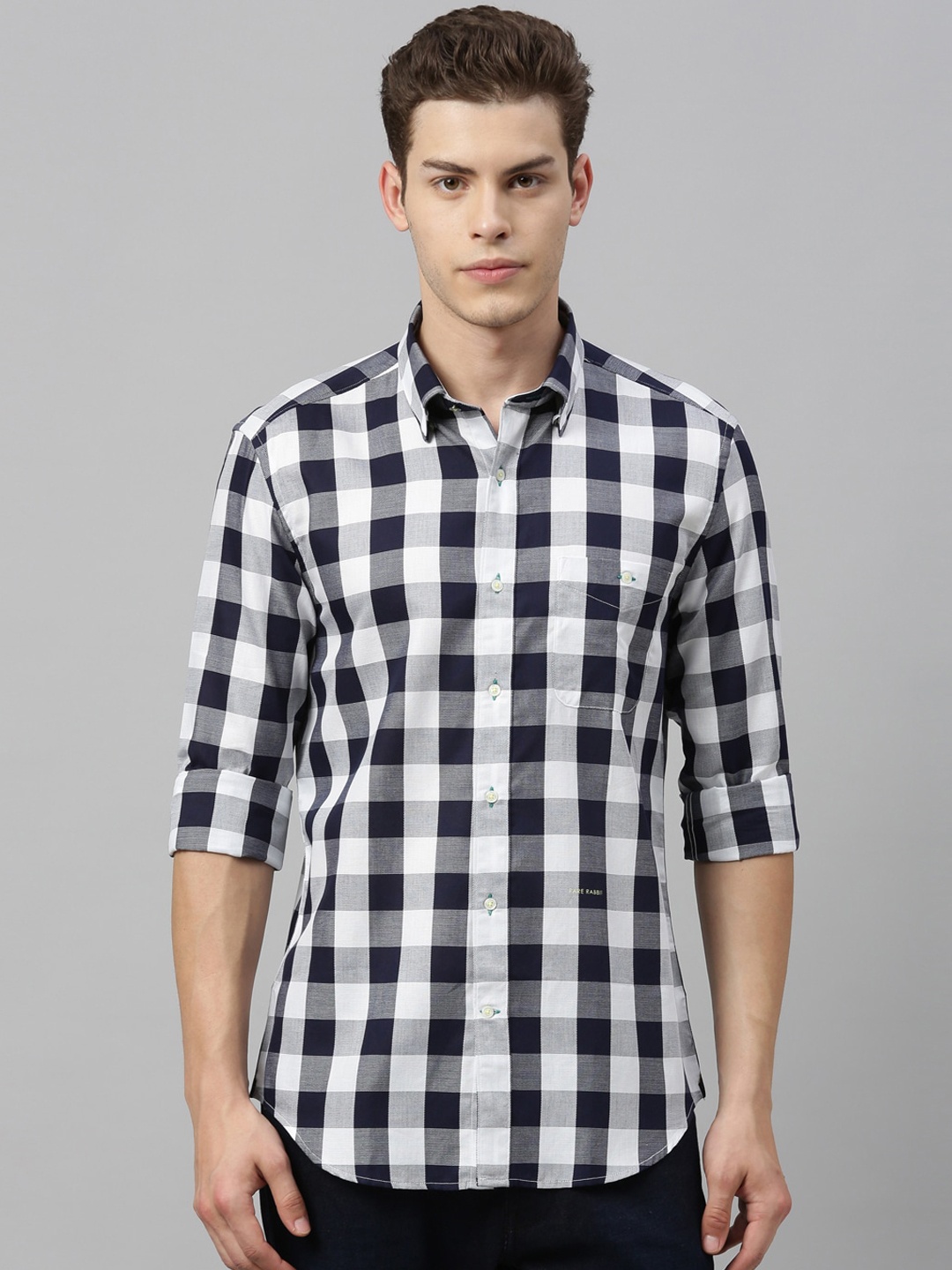 

RARE RABBIT Men Navy Blue & White Tailored Fit Checked Casual Shirt