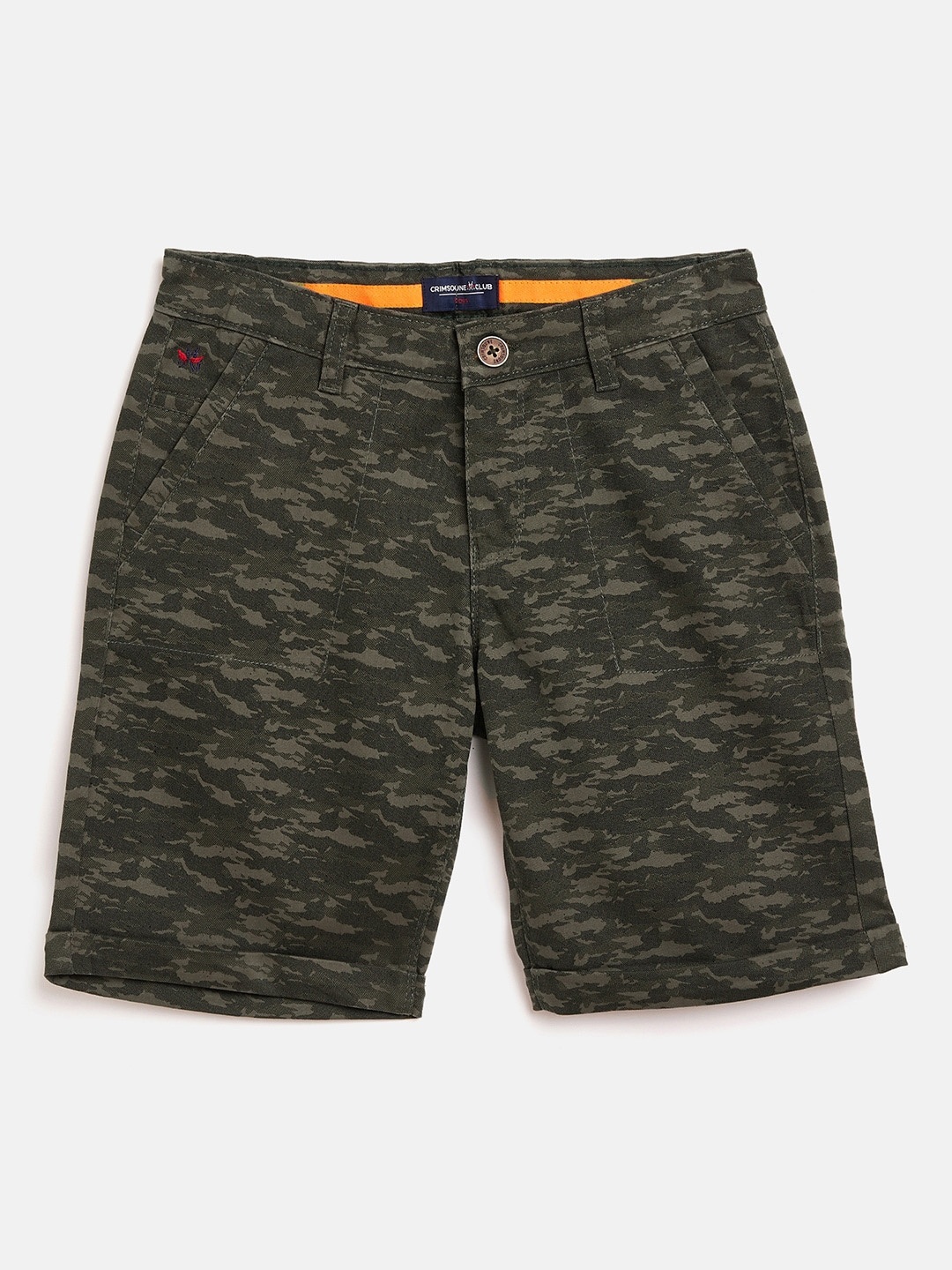 

Crimsoune Club Boys Olive Green Camouflage Printed Slim Fit Regular Shorts