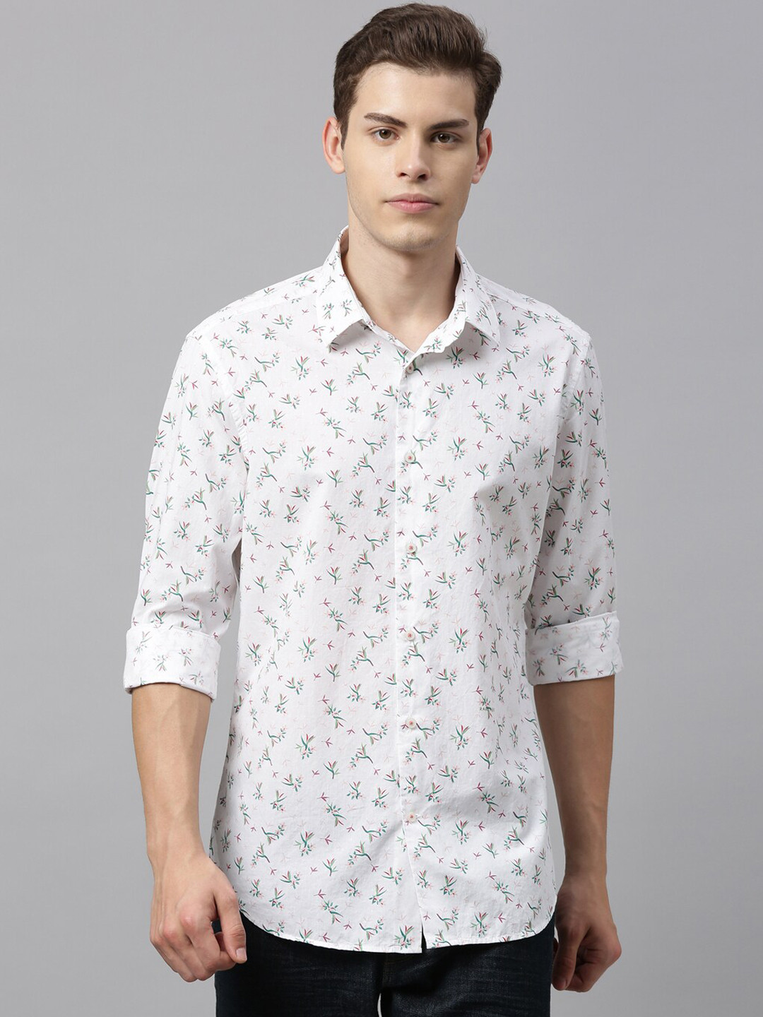 

RARE RABBIT Men White Tailored Fit Printed Casual Shirt