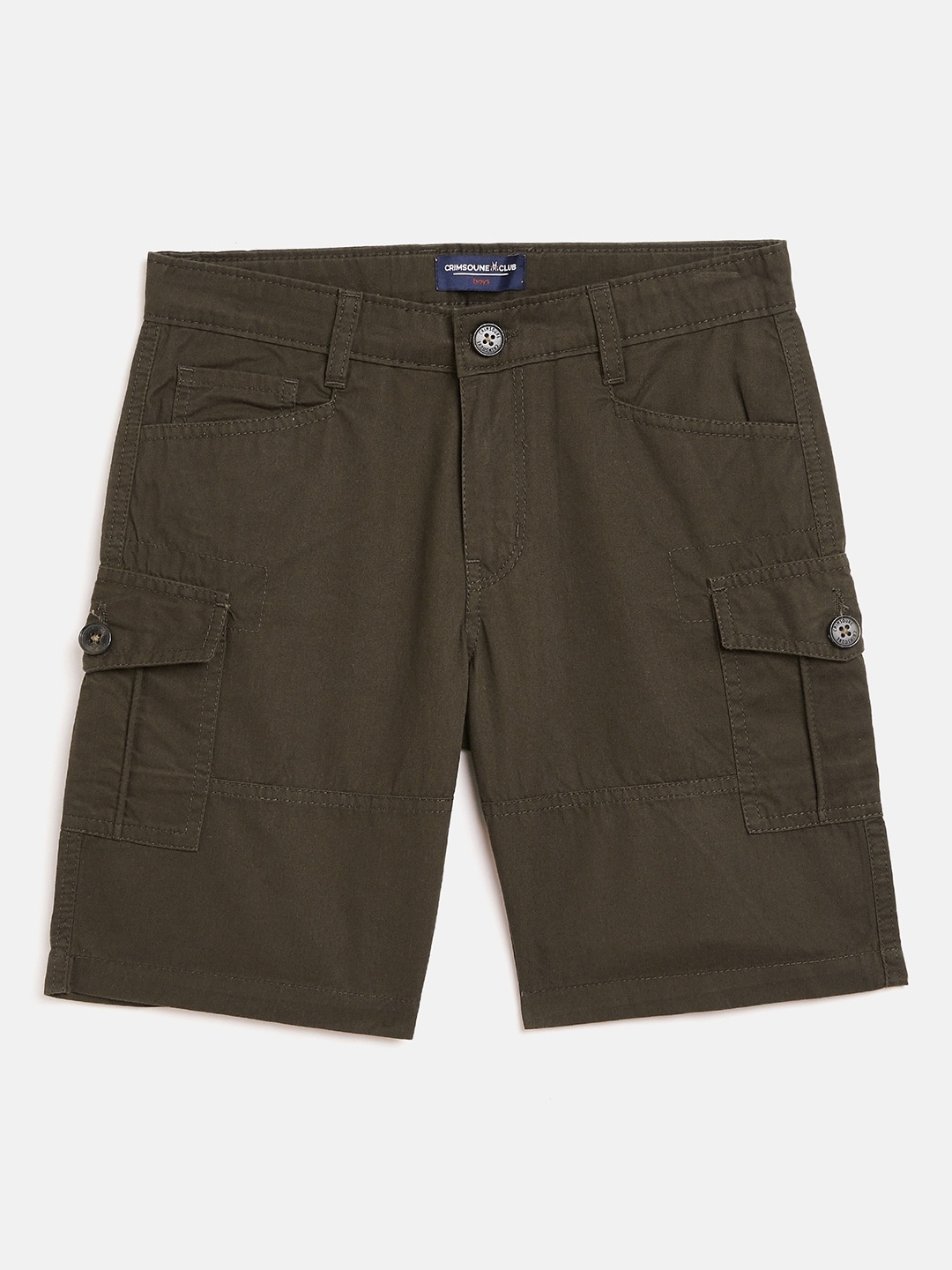 

Crimsoune Club Boys Olive Green Solid Slim Fit Cargo Shorts