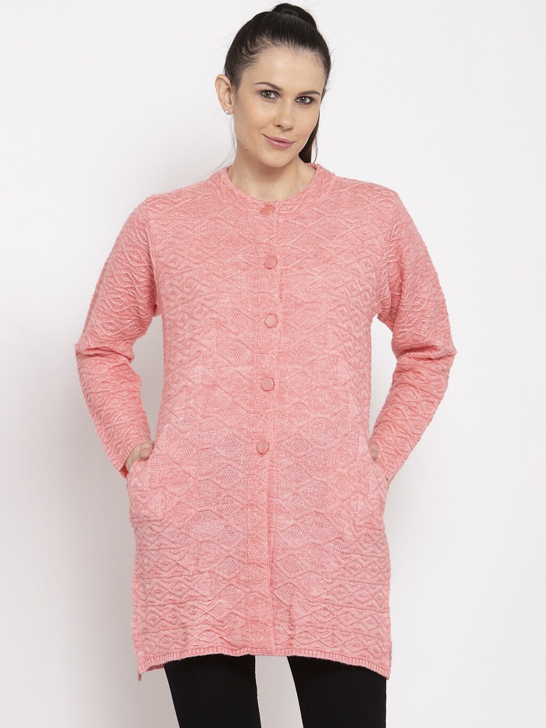 

VANYA Women Pink Self Design Front-Open Sweater