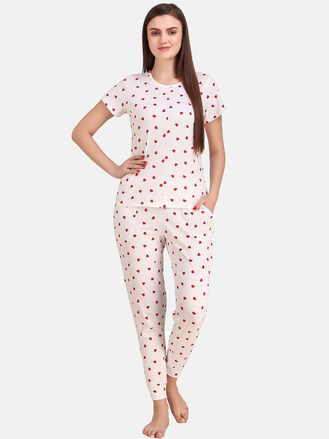 

Masha Women White & Pink Printed Night suit