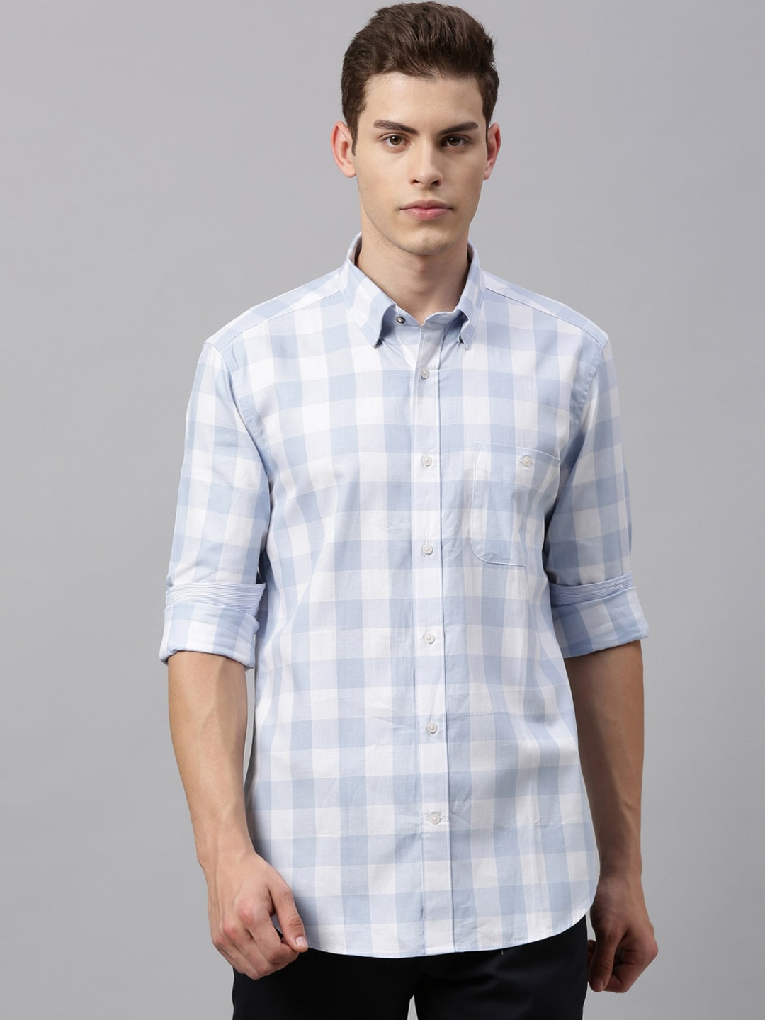 RARE RABBIT Men Blue & White Tailored Fit Checked Casual Shirt
