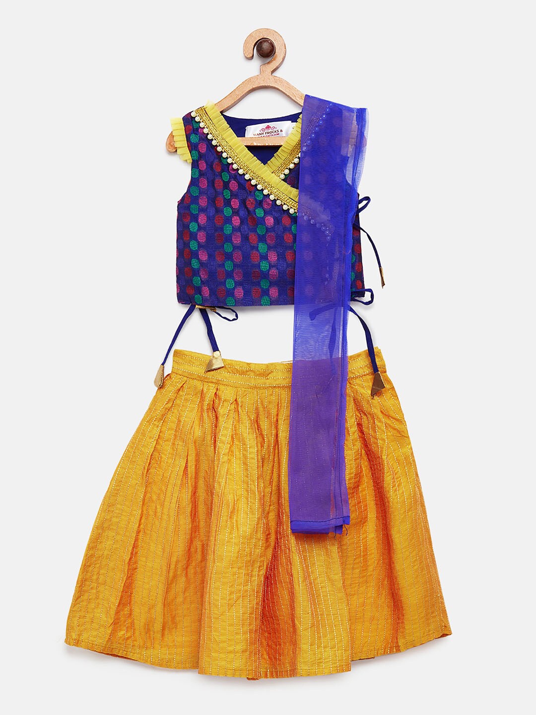 

MANY FROCKS & Girls Blue & Mustard Yellow Printed Top with Skirt & Dupatta