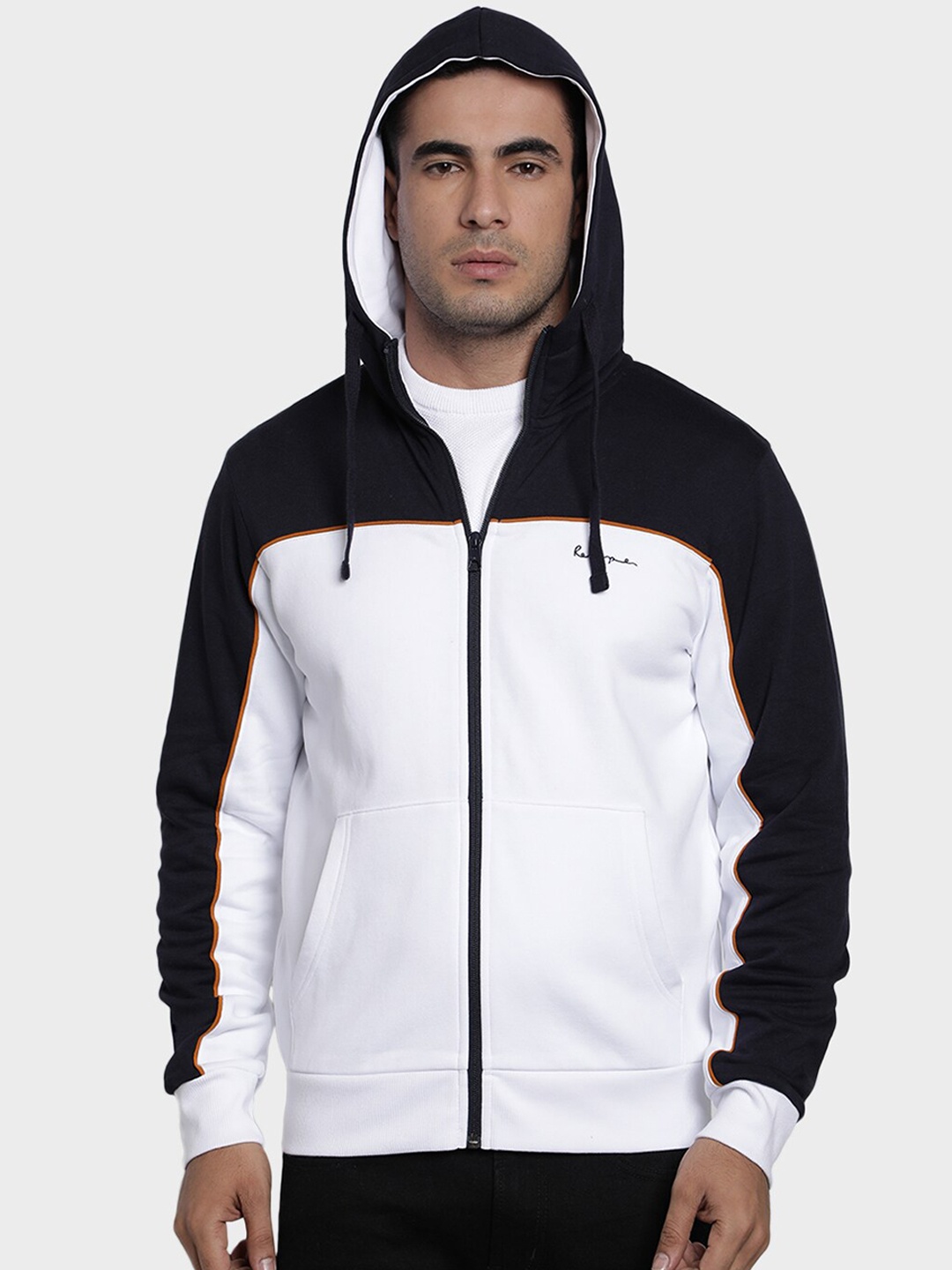Red Tape Men White & Navy Blue Colourblocked Hooded Sweatshirt