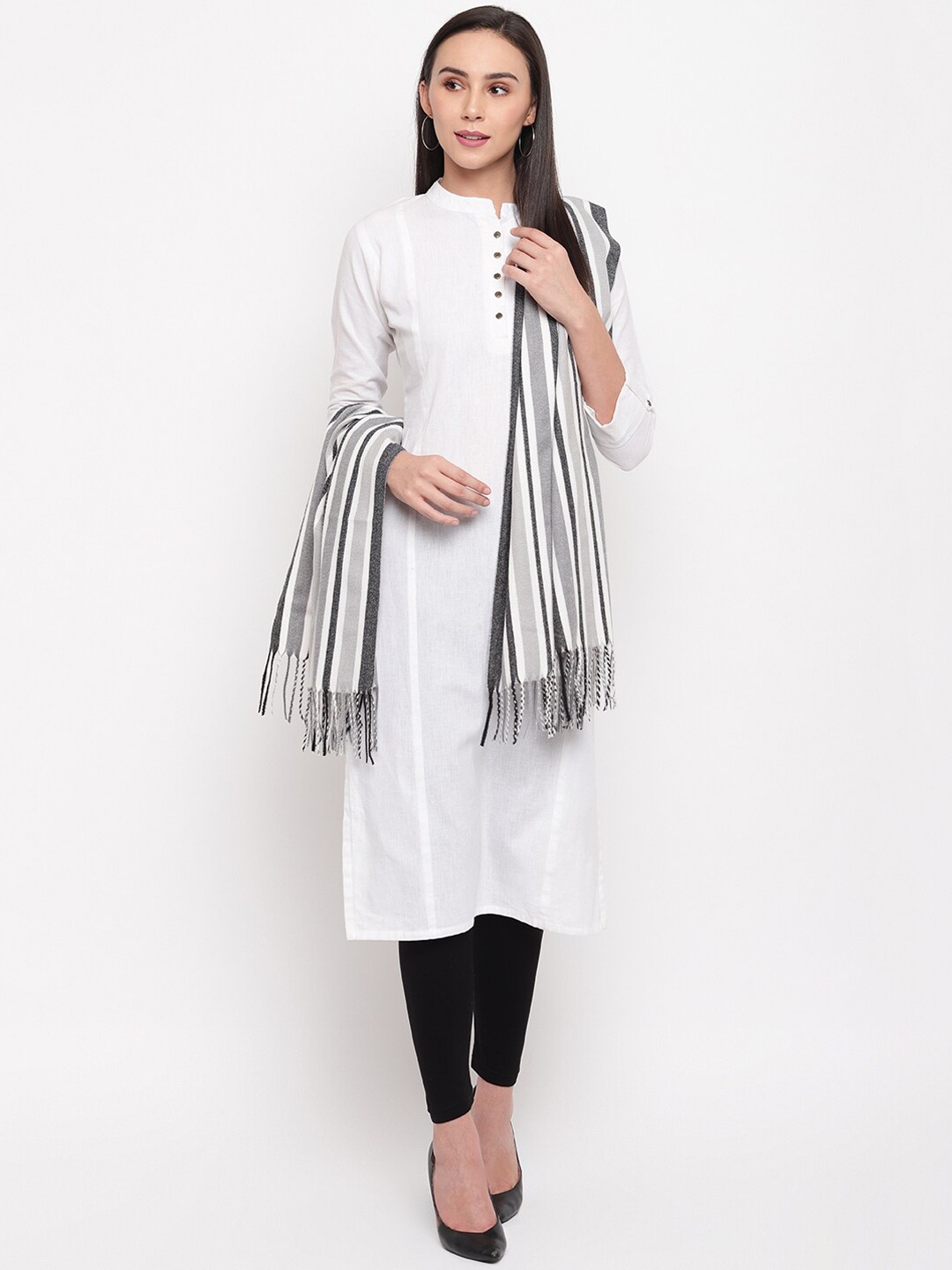 HK colours of fashion Women Grey & White Striped Stole