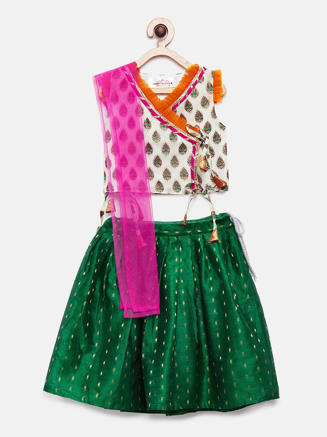 

MANY FROCKS & Girls Green & White Self-Design Top with Skirt