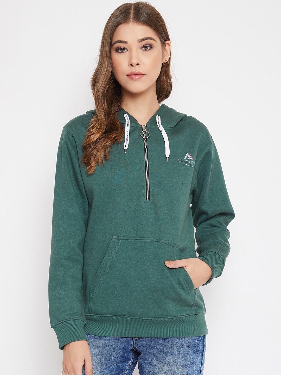 

AGIL ATHLETICA Women Green Solid Hooded Sweatshirt