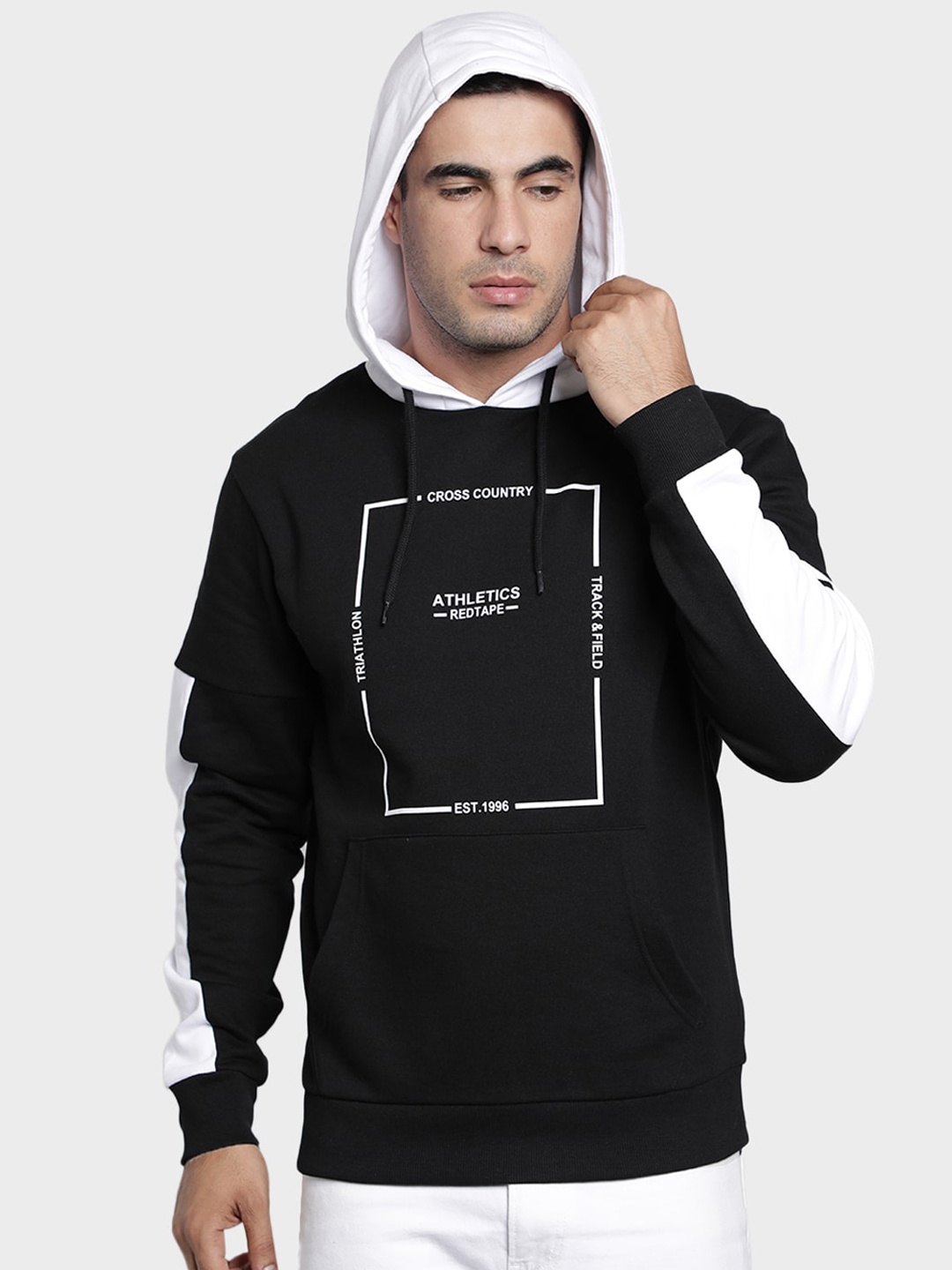 

Red Tape Men Black Printed Hooded Sweatshirt