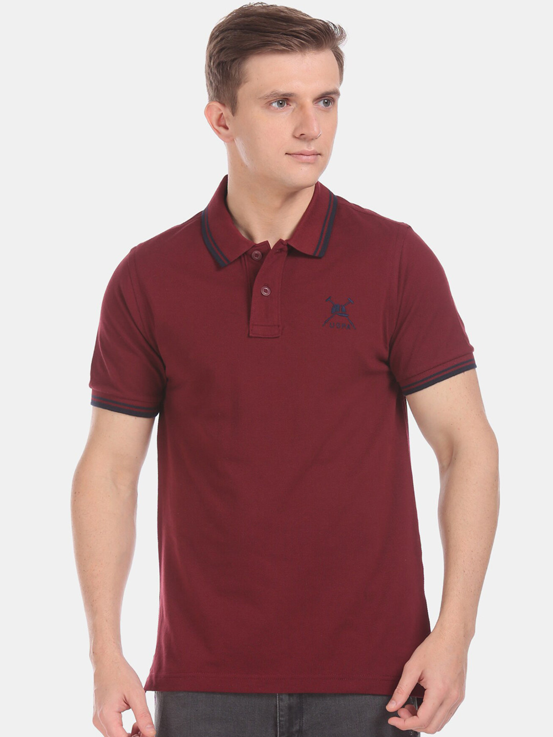 

U.S. Polo Assn. Men Maroon Solid Polo Collar Pure Cotton T-shirt
