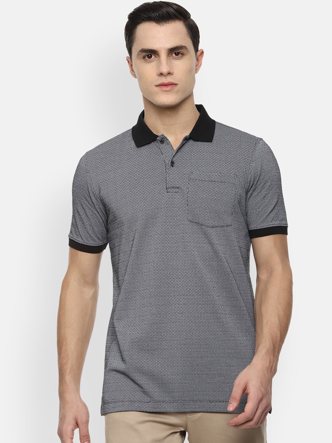 Van Heusen Men Grey Printed Polo Collar Pure Cotton T-shirt