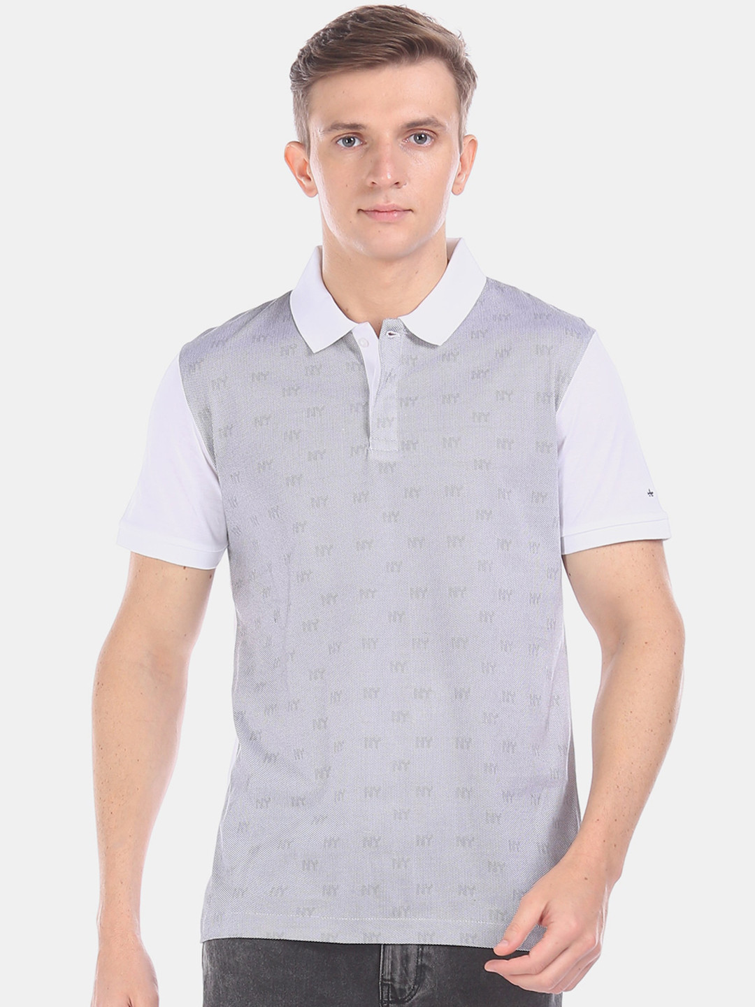 

Arrow Men White Grey Colourblocked Polo Collar Pure Cotton T-shirt