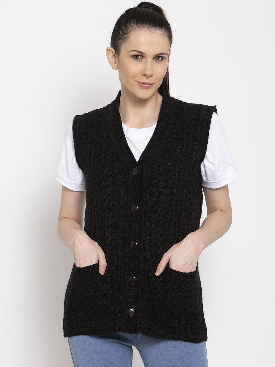 

VANYA Women Black Self Design Cardigan Sweater