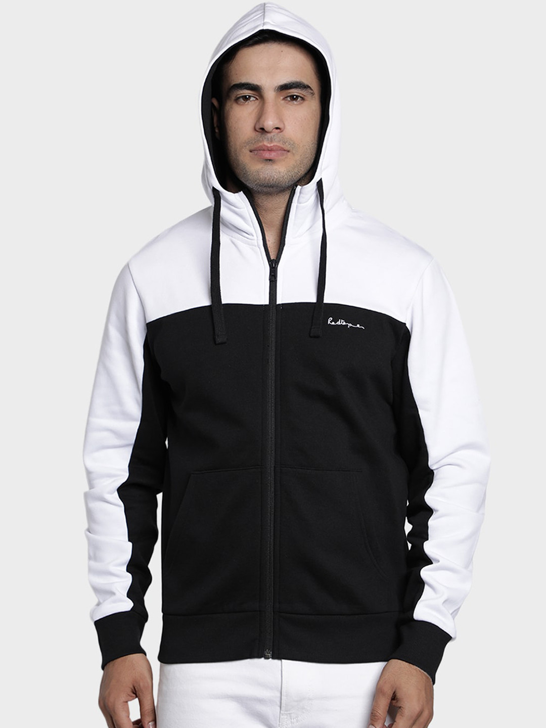 

Red Tape Men White & Black Colourblocked Hooded Sweatshirt