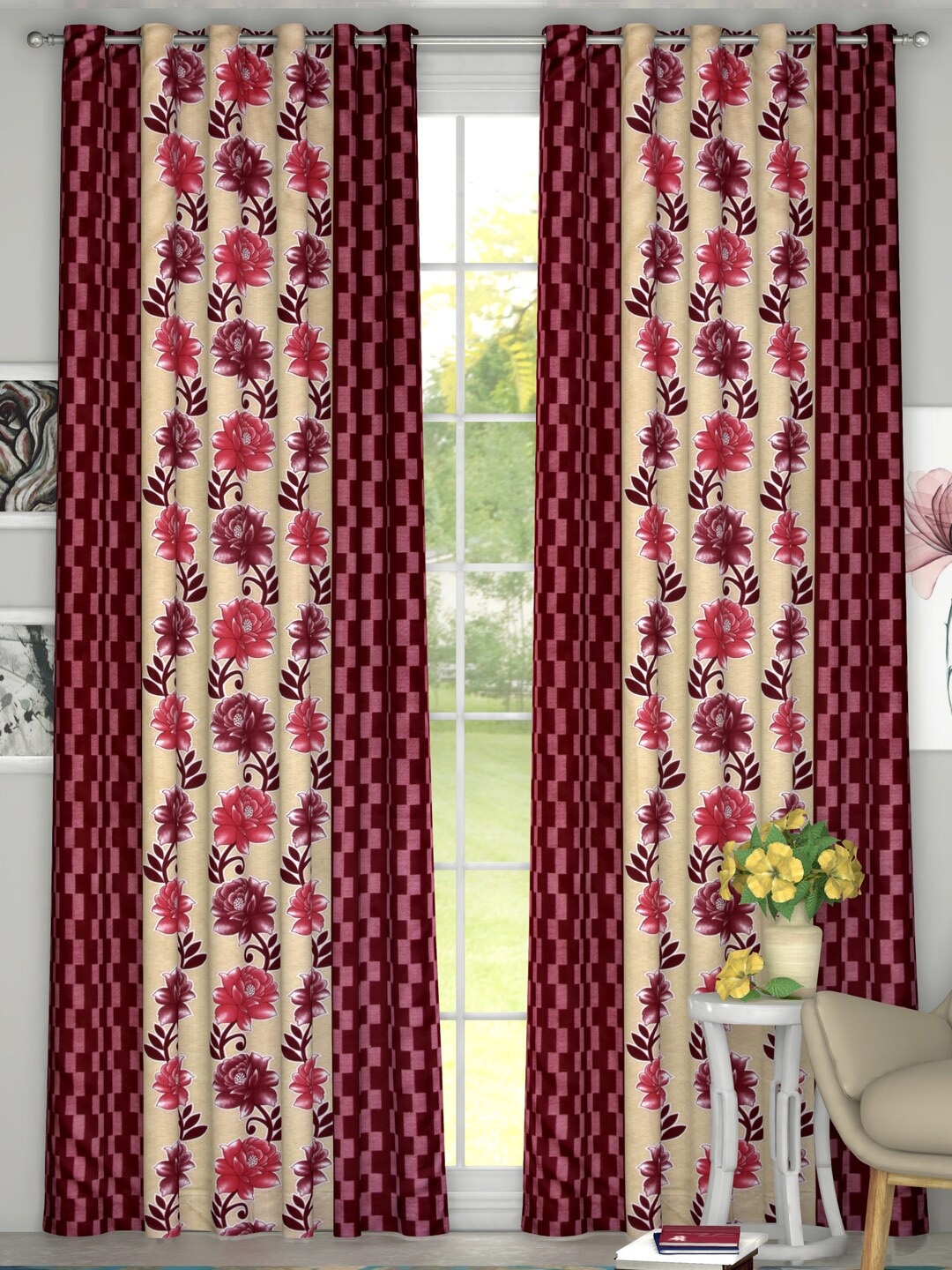 

Kuber Industries Maroon & Cream-Coloured Set of 2 Door Curtains