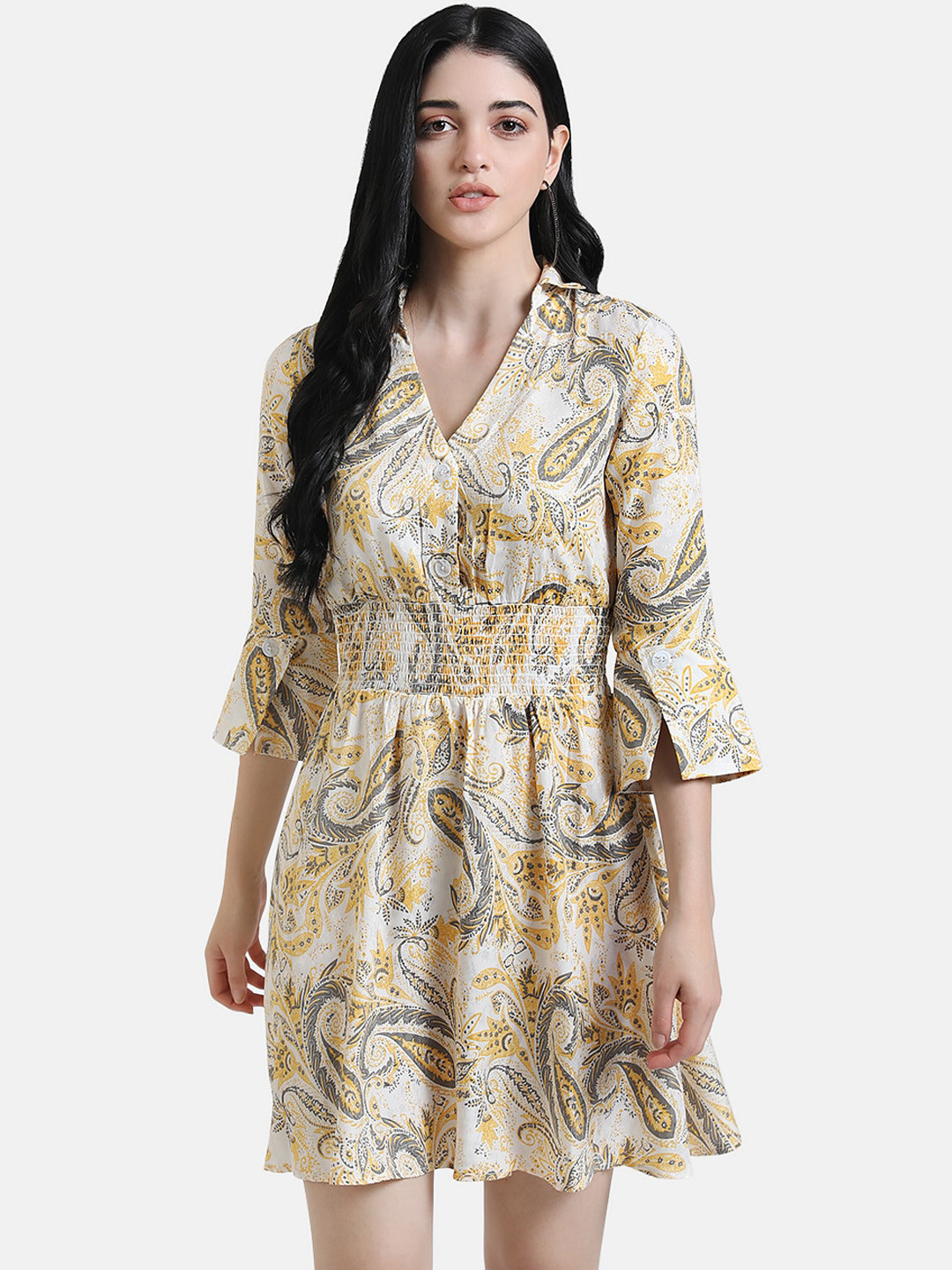 

Kazo Women White & Yellow Printed Fit and Flare Dress