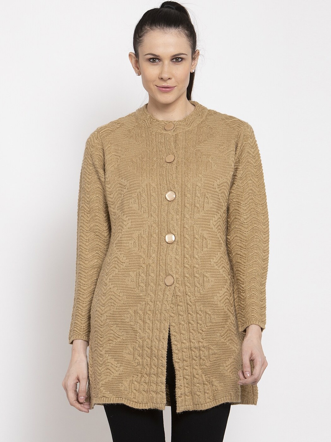 

VANYA Women Brown Self Design Front-Open Sweater