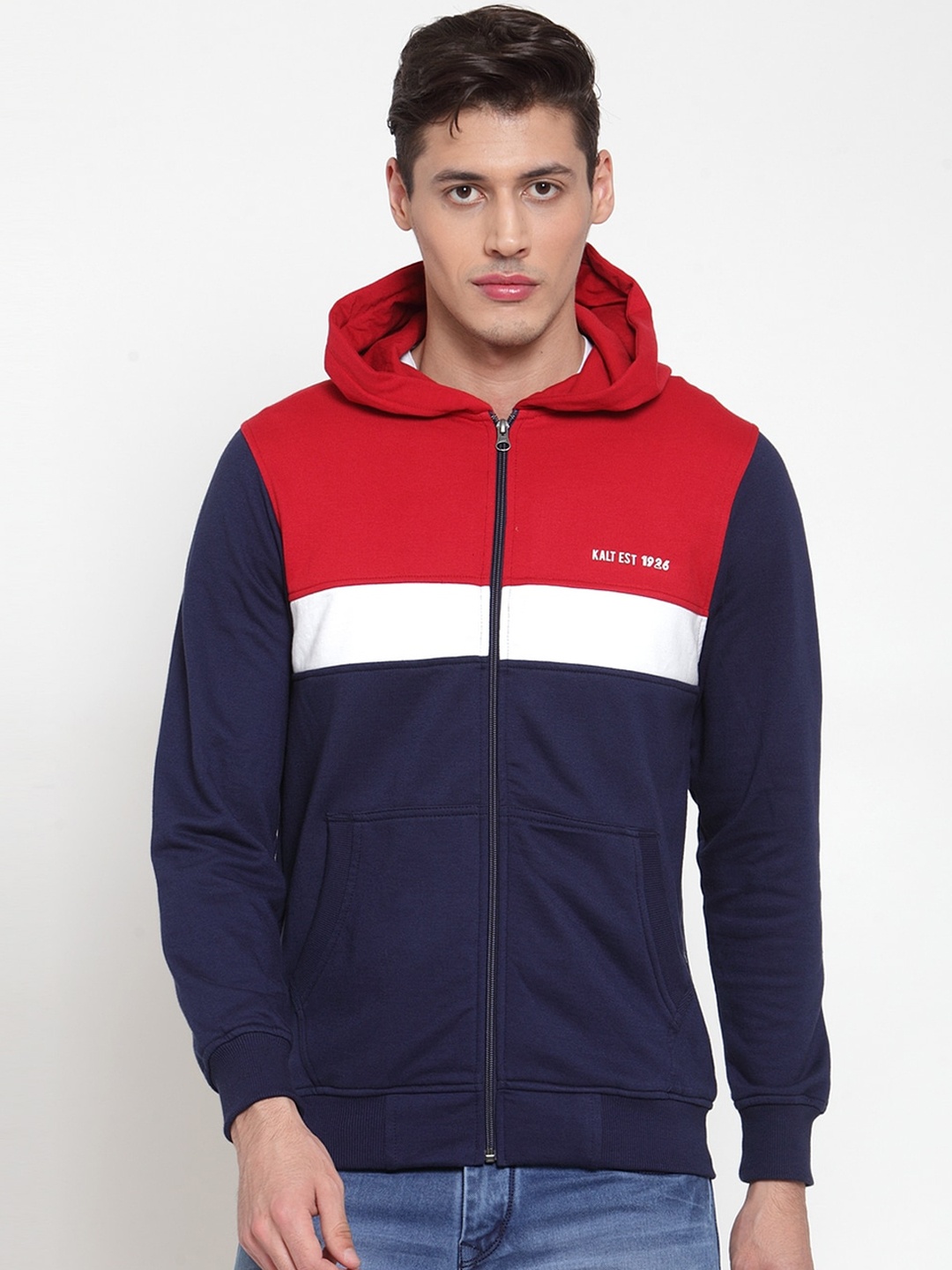 

Kalt Men Navy Blue & Red Colourblocked Bomber