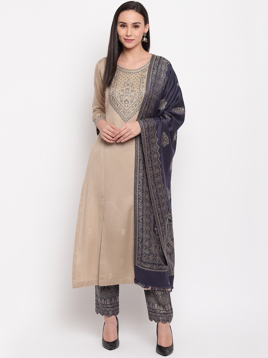 

HK colours of fashion Beige & Navy Blue Viscose Rayon Unstitched Dress Material