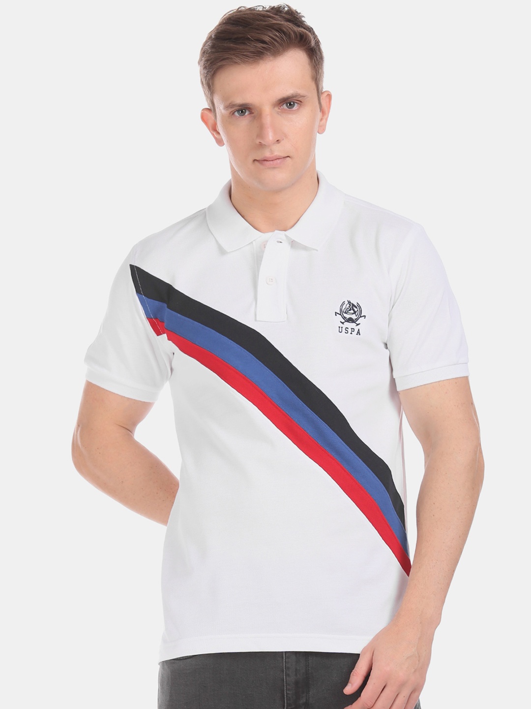 

U.S. Polo Assn. Men White Striped Polo Collar T-shirt