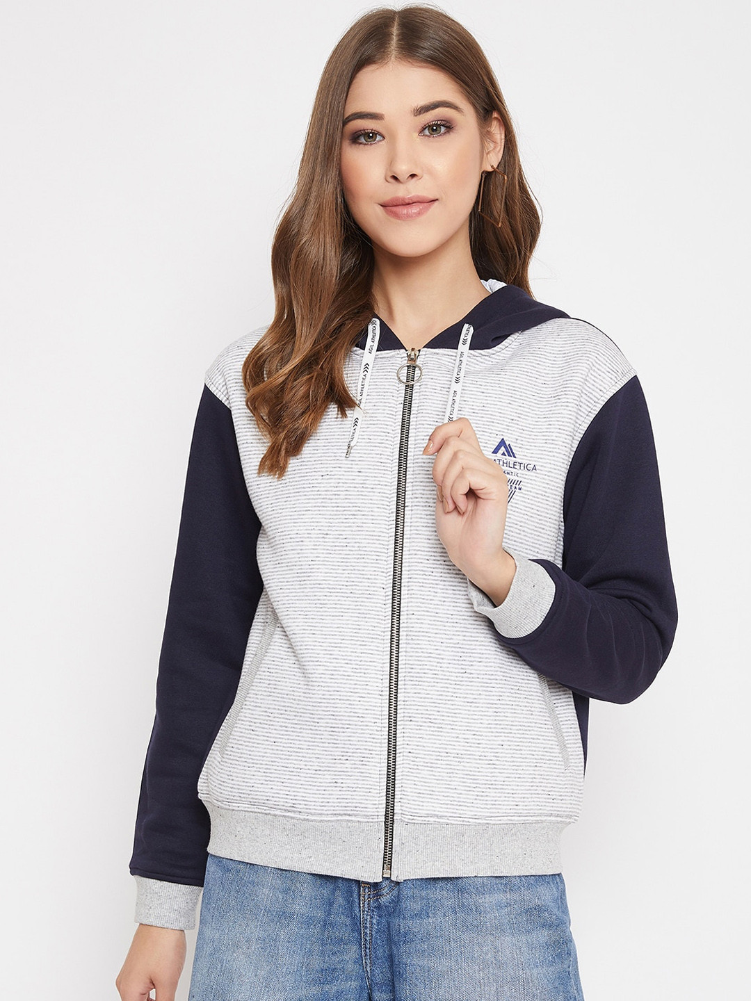 

AGIL ATHLETICA Women Navy Blue & Off-White Colourblocked Hooded Sweatshirt
