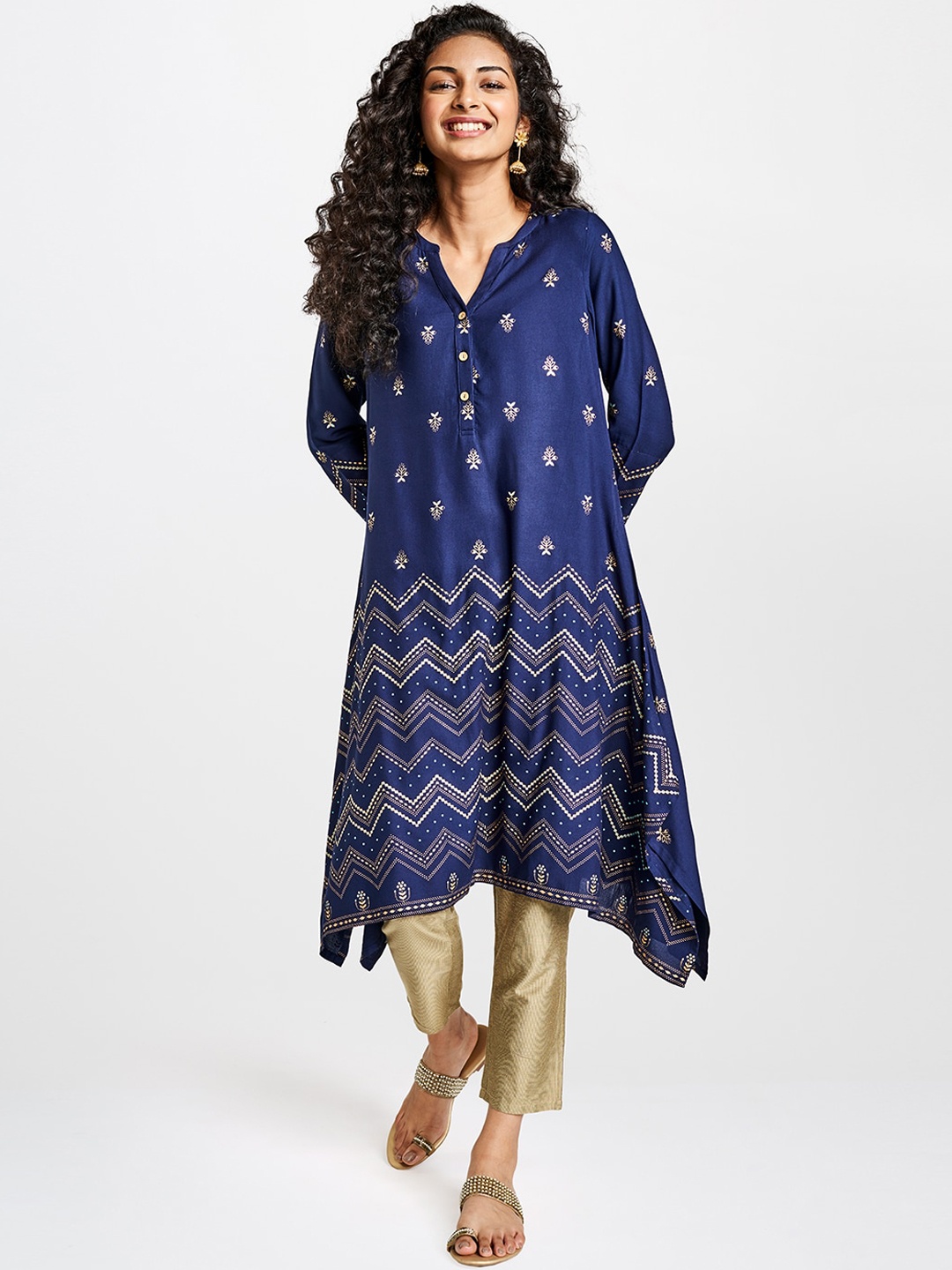 

Global Desi Women Navy Blue Printed A-Line Kurta