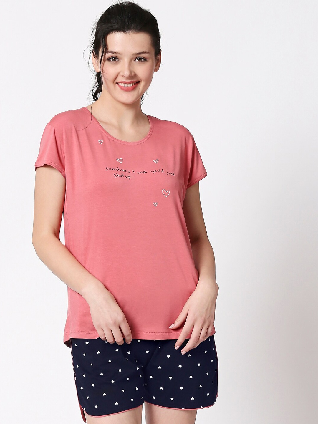 

I like me Women Peach-Coloured & Navy Blue Printed Night suit