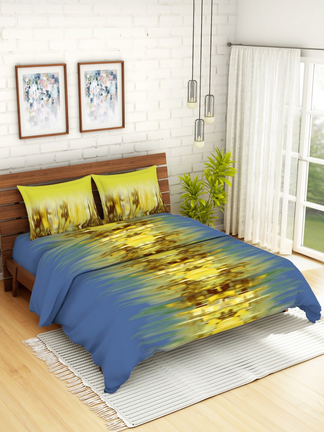 

SPACES Blue & Yellow Abstract Printed Bedding Set With Comforter