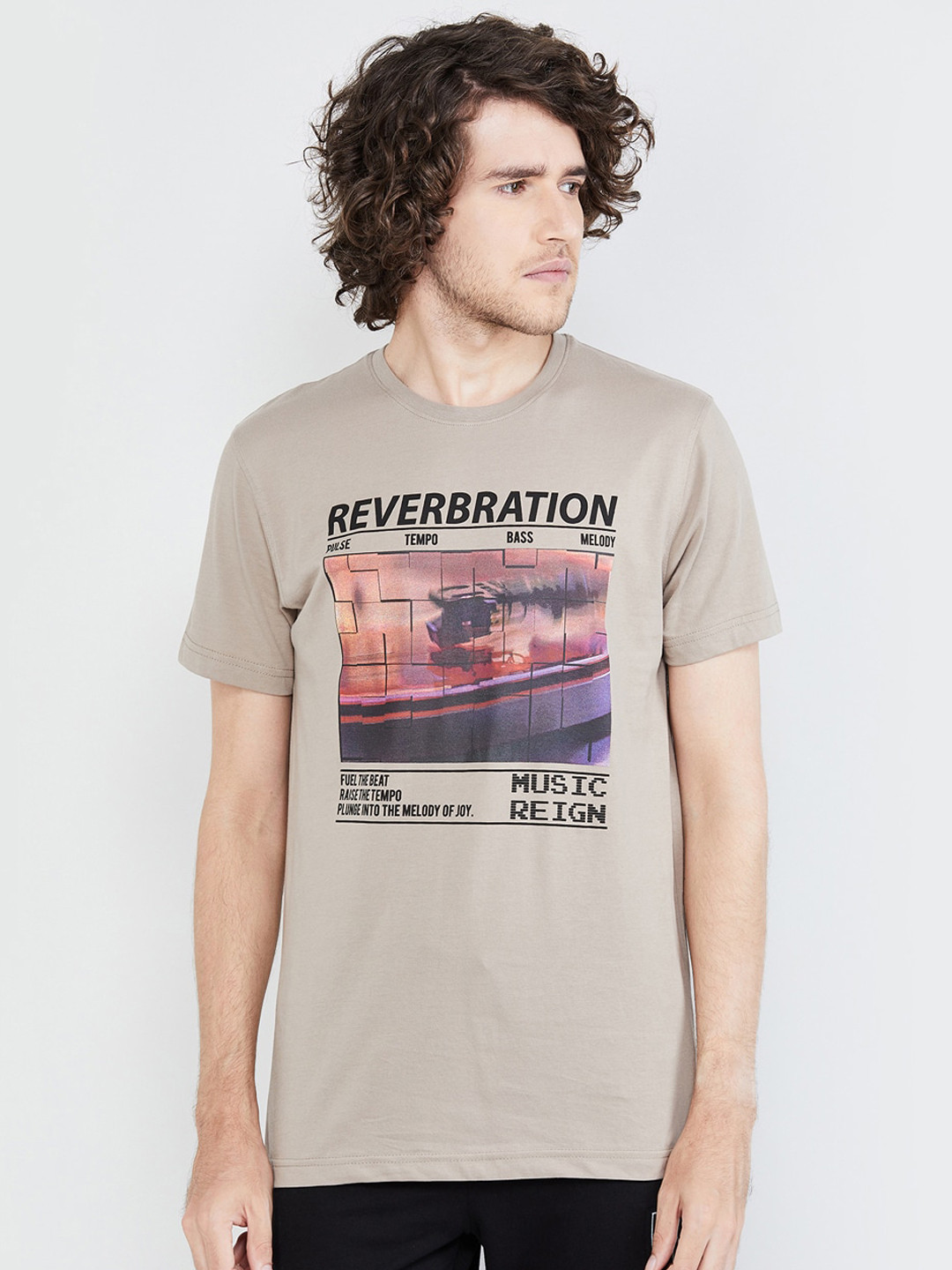 

max Men Khaki Printed Round Neck T-shirt