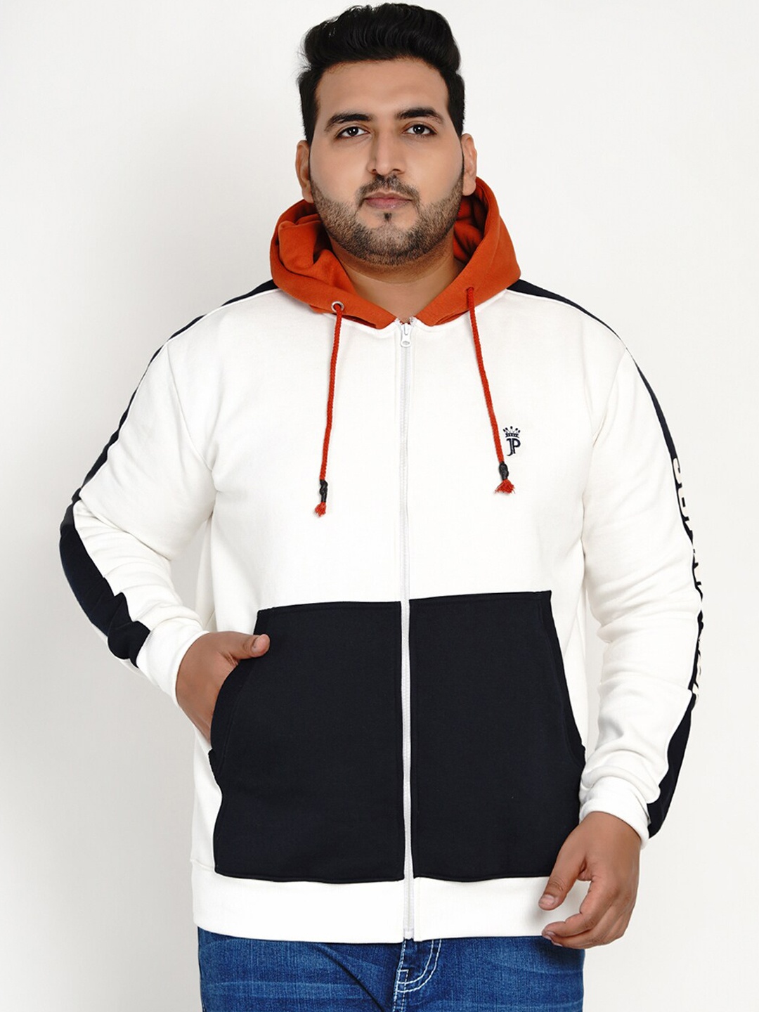 

John Pride Men Off-White & Navy Blue Colourblocked Hooded Sweatshirt