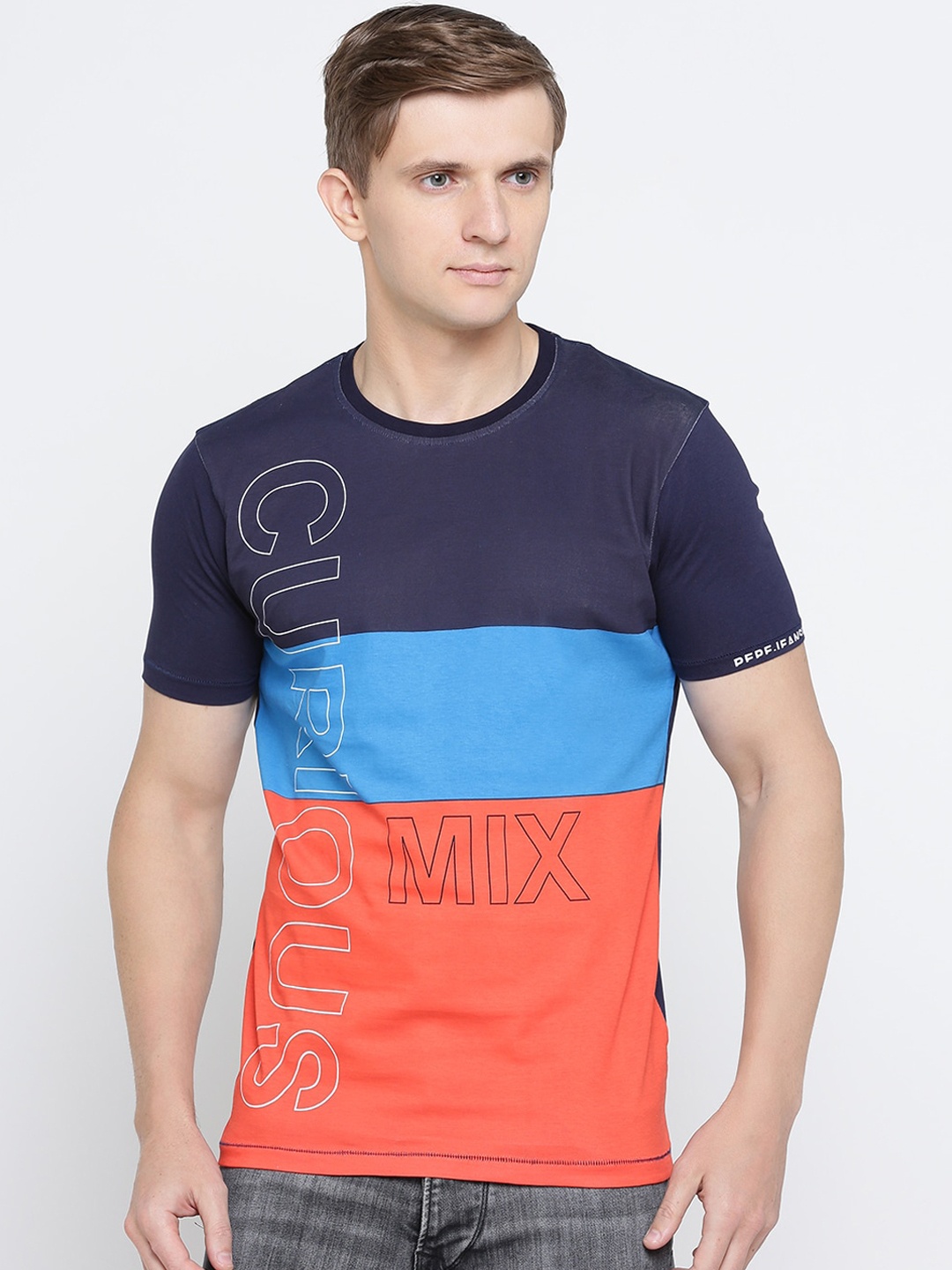 

Pepe Jeans Men Orange Blue Colourblocked Round Neck Pure Cotton T-shirt